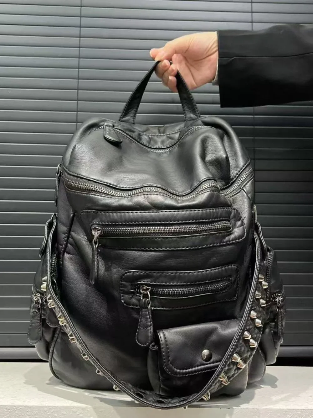 Y2K Grunge Aesthetic Soft Black Vegan Leather Multi Pocket Convertible Backpack